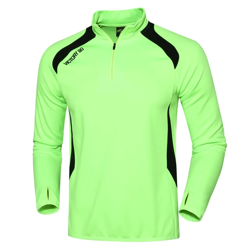 Neon green long-sleeve fleece sports top with finger holes, featuring black accents and breathable, moisture-wicking fabric.